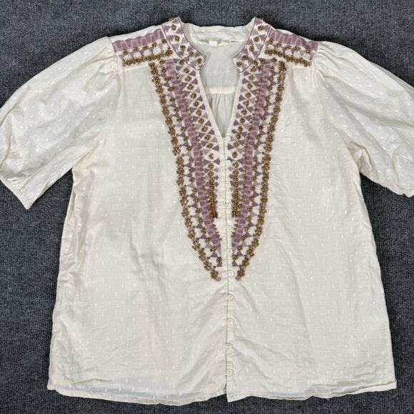 Anthropologie Forever That Girl Shirt Women 12 Beaded Boho Puff Sleeve Peasant - Picture 1 of 10